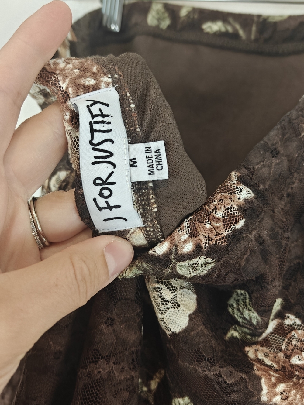 J for Justify Floral Lace Strapless Midi Dress Brown Romantic Ruffle Side Slit M - Picture 16 of 16
